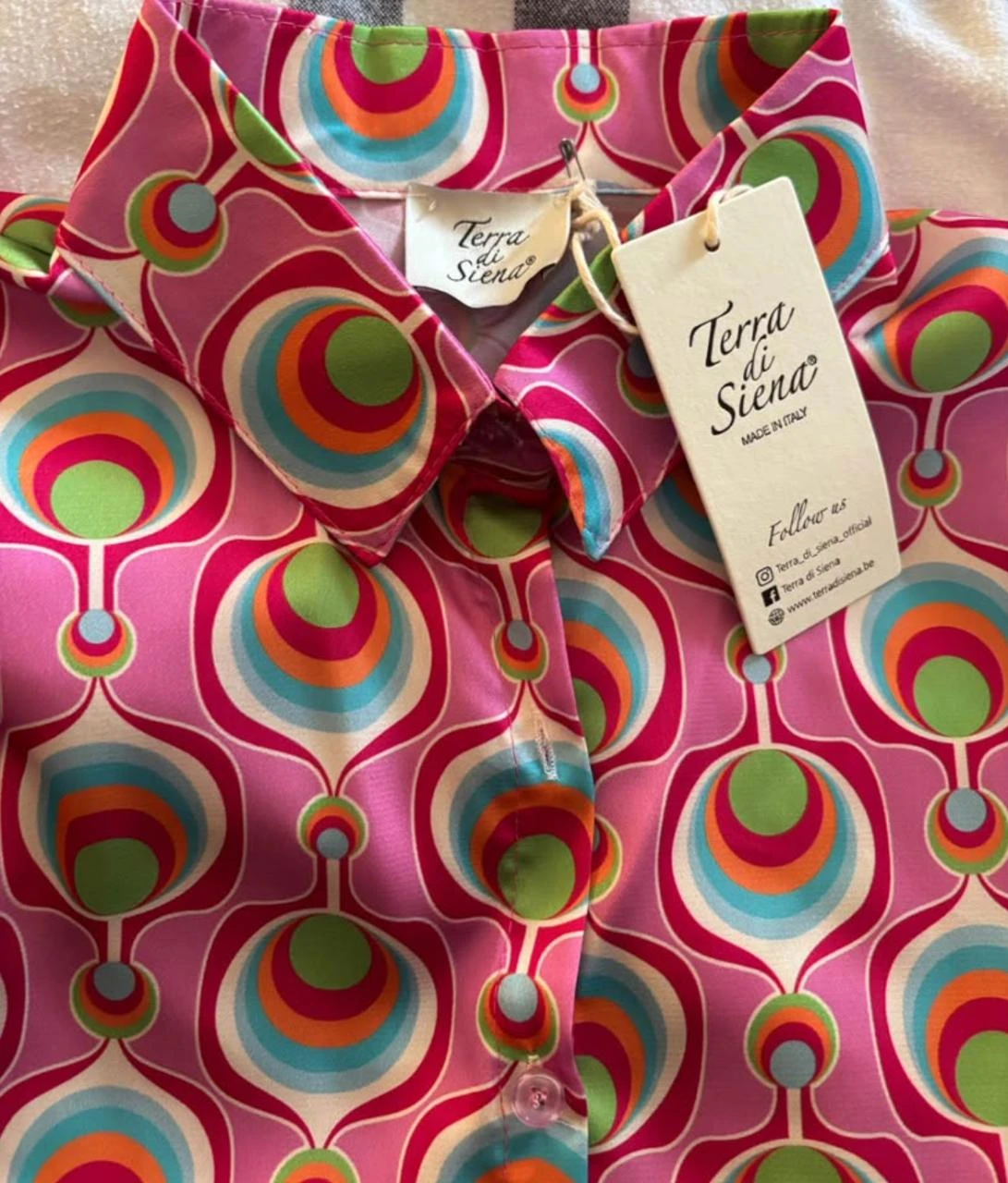 👚 Long satin pink & mint green 70ties blouse with buttons Made in Italy - 44 – photo 9